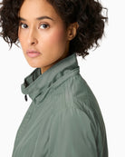 Olsen sage green hooded jacket close-up of hood and drawstrings – Áines Boutique
