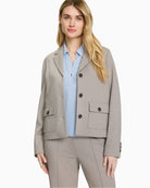 Front view of Olsen tailored lapel jacket with full-length sleeves