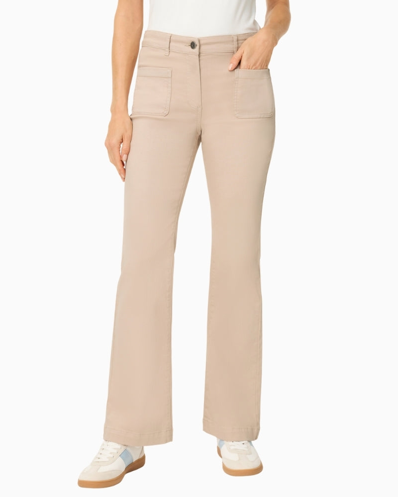Woman wearing Olsen beige long denim trousers front view – Áines Boutique