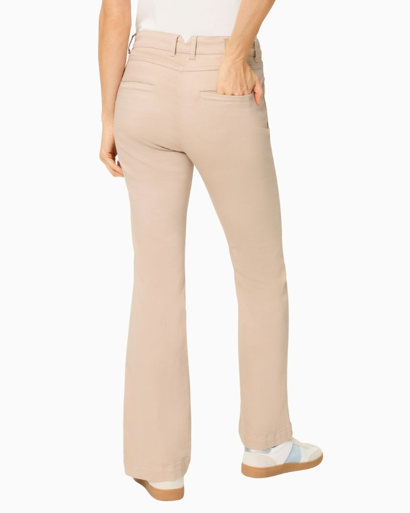 Woman wearing Olsen beige long denim trousers back view – Áines Boutique