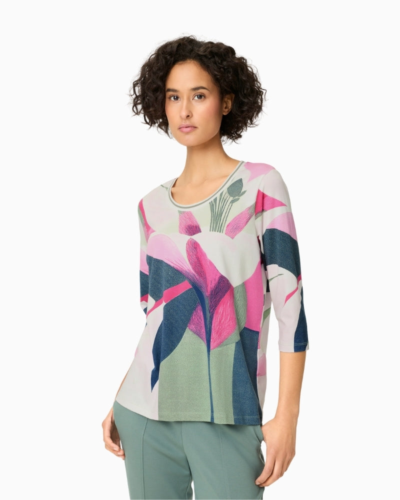 Olsen pink and green abstract print long sleeve T-shirt front view – Áines Boutique