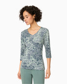 Olsen navy and green printed long sleeve T-shirt front view – Áines Boutique