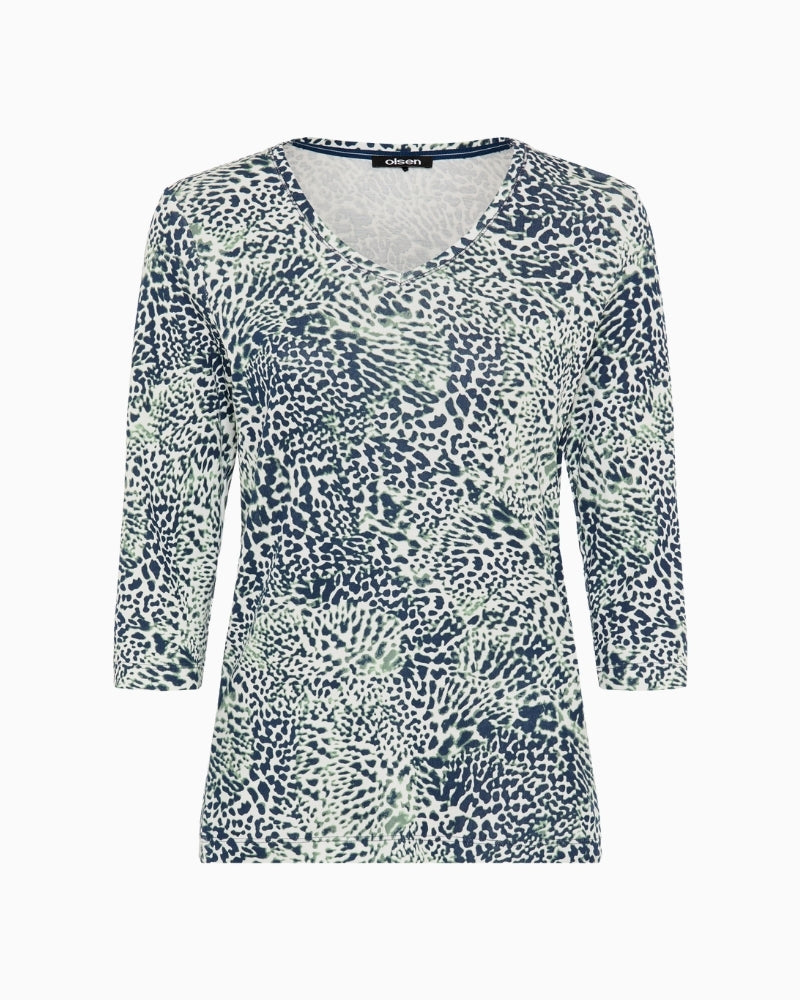 Olsen navy and green printed long sleeve T-shirt front view – Áines Boutique