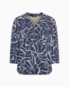 Front view of navy 3/4 sleeve T-shirt with crew neck