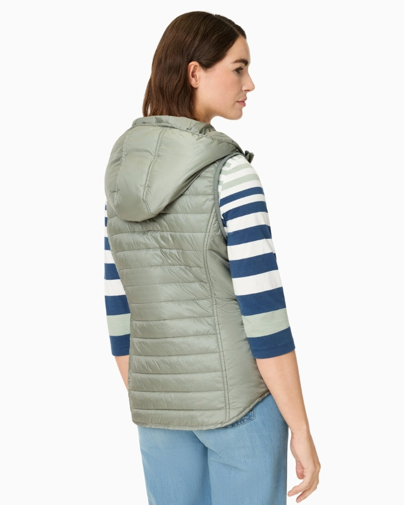 Olsen sage green padded hooded vest back view showing quilted detail – Áines Boutique