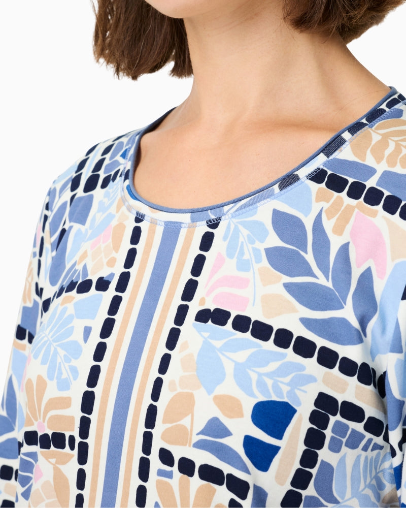 Woman wearing Olsen printed cotton top neckline and print detail – Áines Boutique