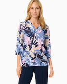 Woman wearing Olsen multi-print 3/4 sleeve top front view – Áines Boutique