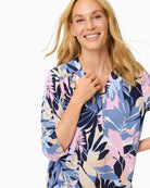 Woman wearing Olsen multi-print top neckline and sleeve detail – Áines Boutique