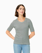 Olsen navy and green geometric print T-shirt front view – Áines Boutique