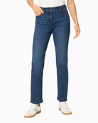 Woman wearing Olsen mid-blue straight-leg denim jeans front view – Áines Boutique
