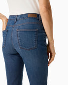 Close-up of Olsen mid-blue denim pocket and stitching detail – Áines Boutique