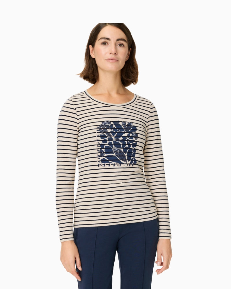 Woman wearing Olsen beige and navy striped long-sleeve top front view – Áines Boutique