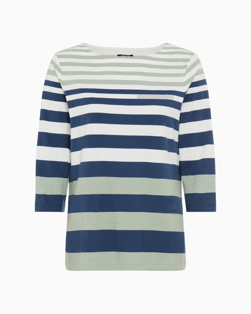 Olsen navy and sage striped long sleeve T-shirt front view – Áines Boutique