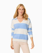 Olsen striped open-neck jumper navy and white, woman wearing front view – Áines Boutique