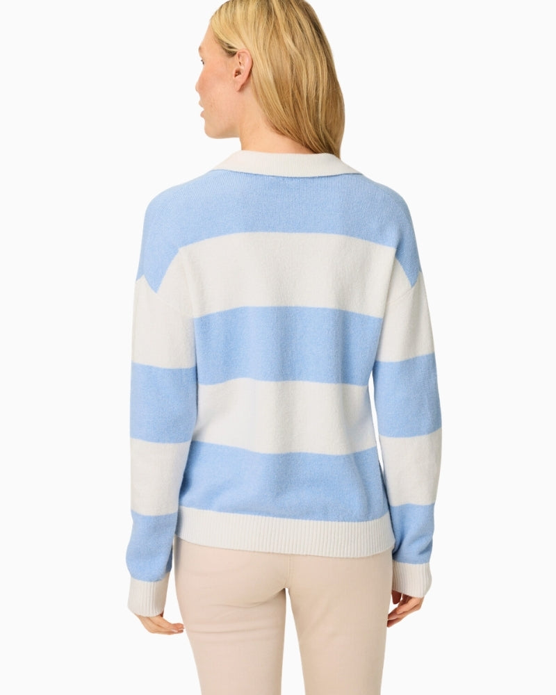 Olsen striped open-neck jumper navy and white, woman wearing back view – Áines Boutique