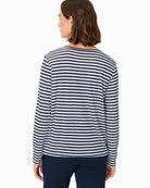 Woman wearing Olsen striped back view long-sleeve top – Áines Boutique