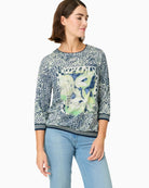 Olsen long sleeve printed T-shirt navy and sage front view – Áines Boutique
