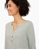 Olsen striped T-shirt button placket neckline detail – Áines Boutique