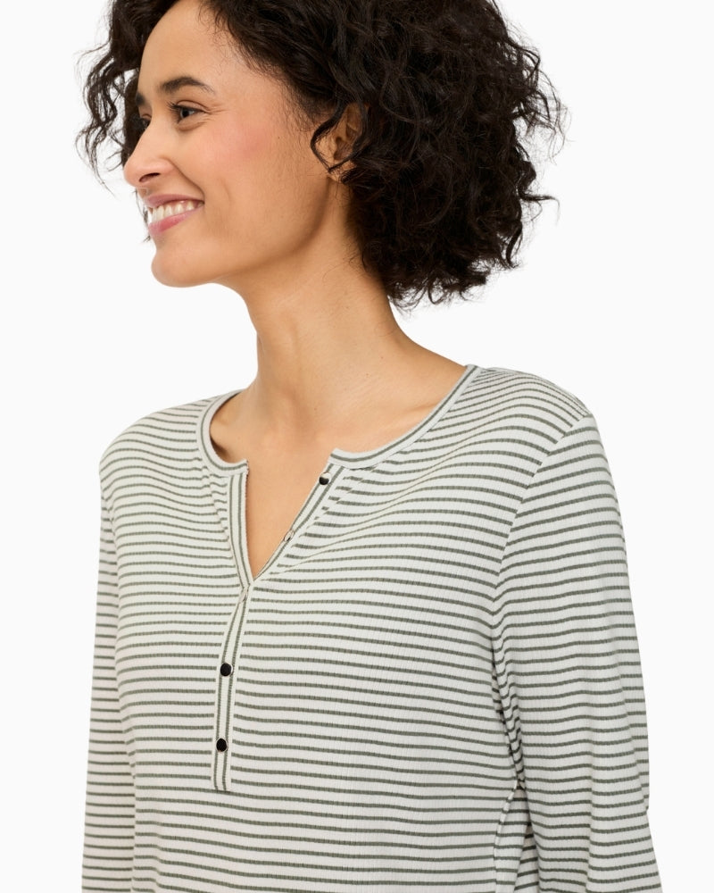 Olsen striped T-shirt button placket neckline detail – Áines Boutique