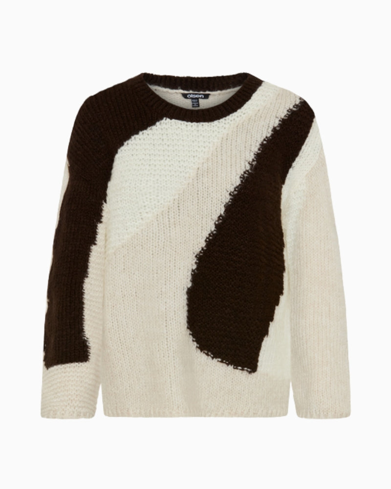 Olsen Abstract Knit Jumper in beige with brown abstract design front view
