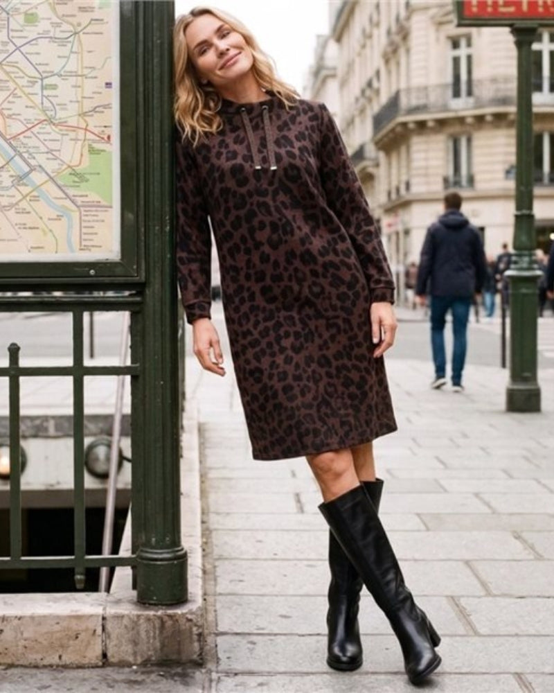Olsen Animal Print Jersey Dress in leopard styled view