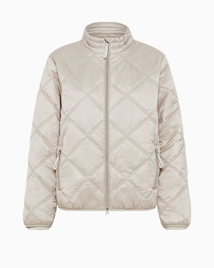 Front view of Olsen beige quilted jacket with zip closure