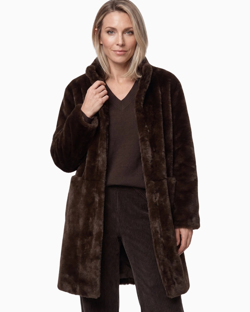 Olsen Faux Fur Coat in brown front view