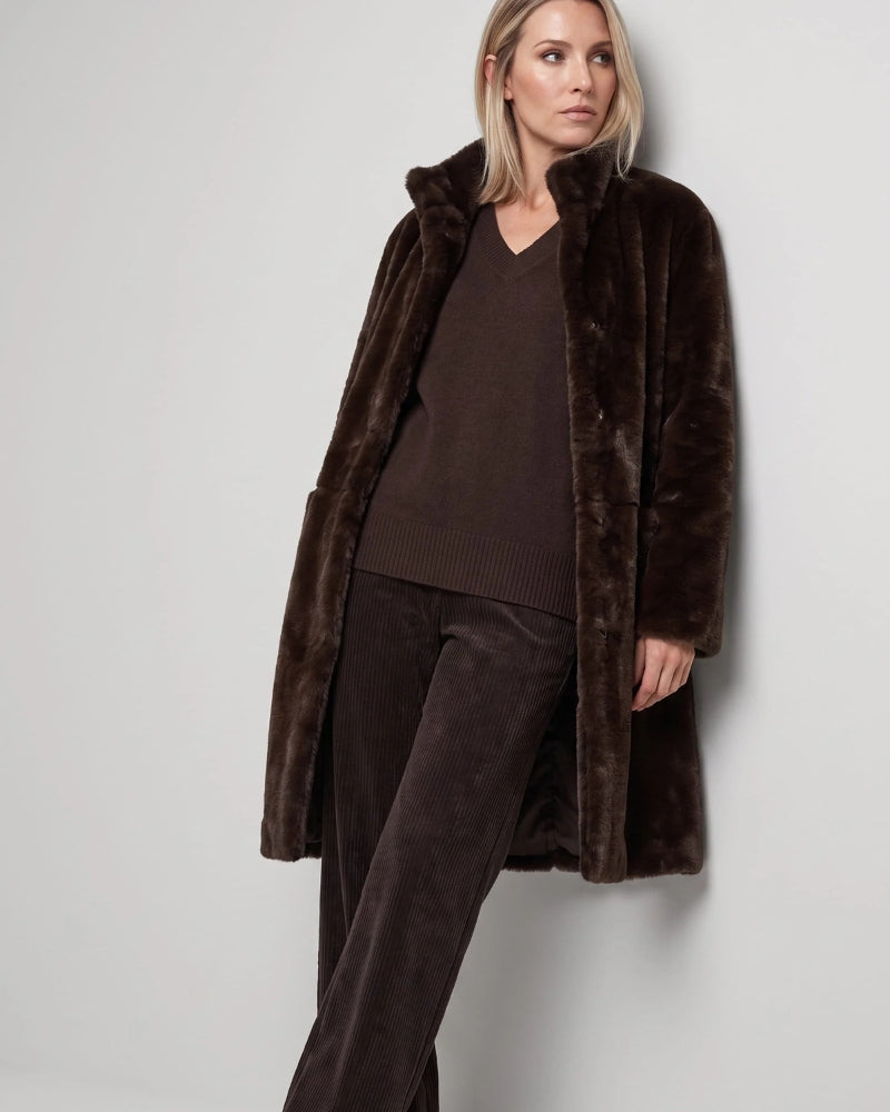 Olsen Faux Fur Coat in brown stand-up collar detail