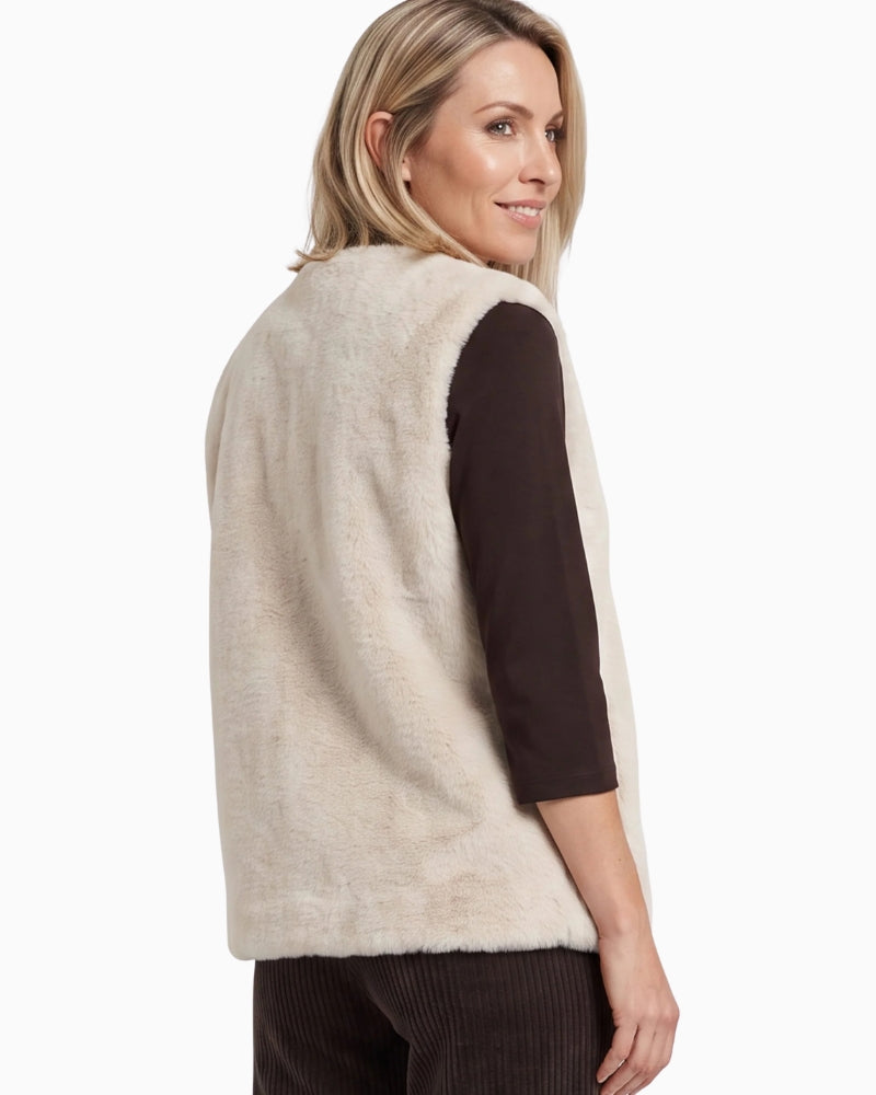 Olsen Faux Fur Zip Gilet in beige back view