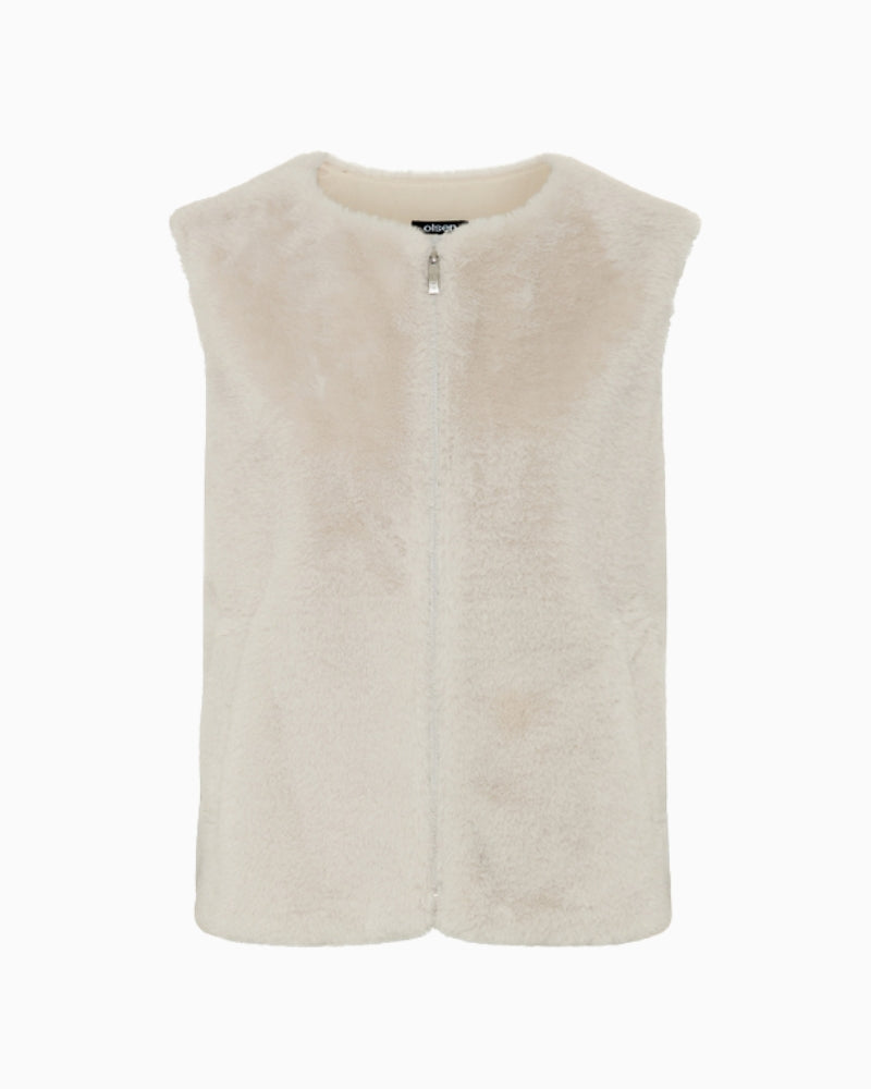Olsen Faux Fur Zip Gilet in beige front view