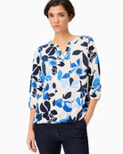 Olsen Graphic Floral Split Neck T-Shirt off-white blue front view