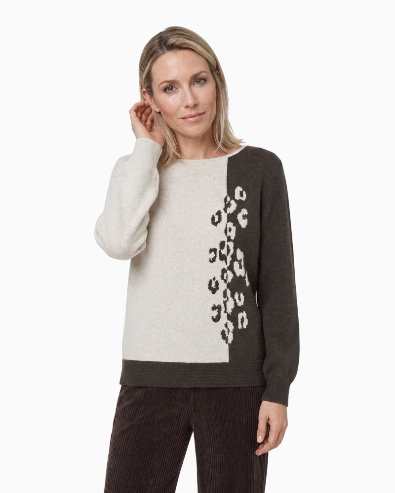 Olsen Henny Printed Pullover in beige and brown boat neckline detail