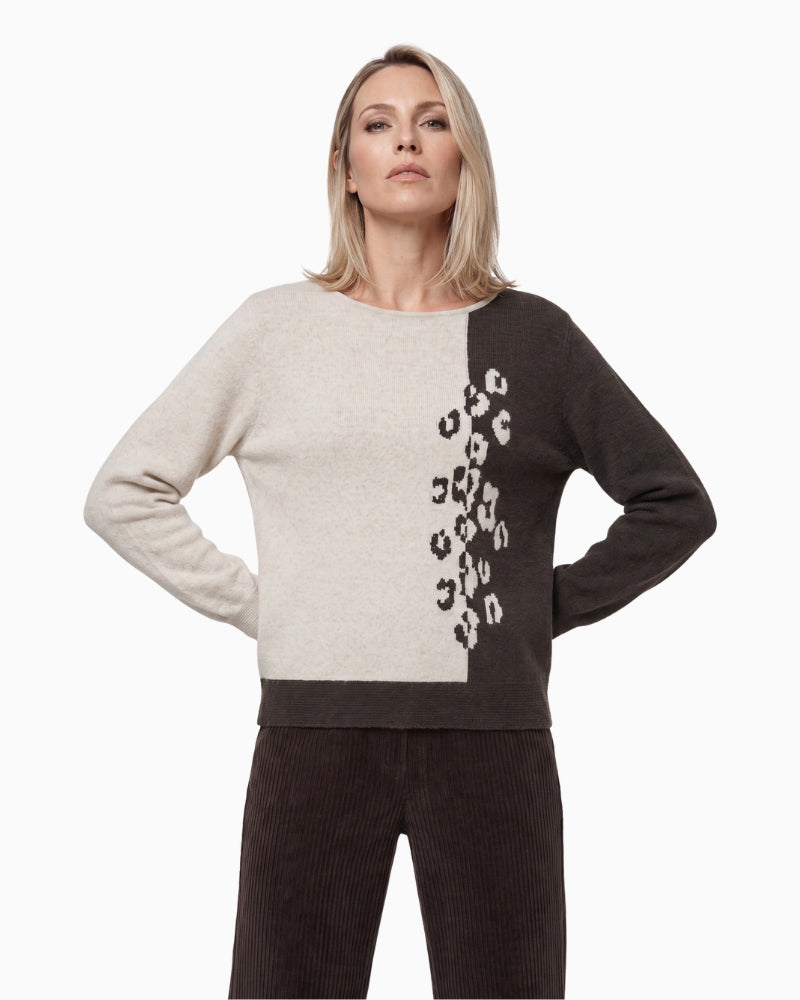 Olsen Henny Printed Pullover in beige and brown long sleeve detail