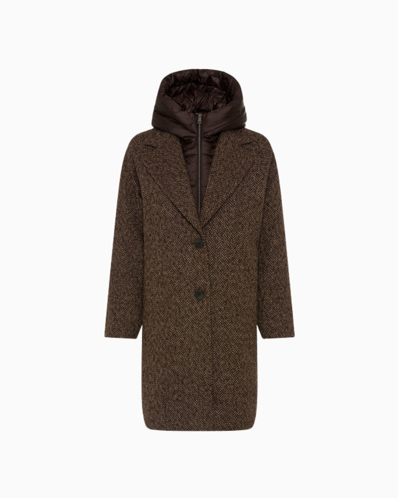 Olsen Herringbone Hooded Coat in brown front view with contrasting padded hood