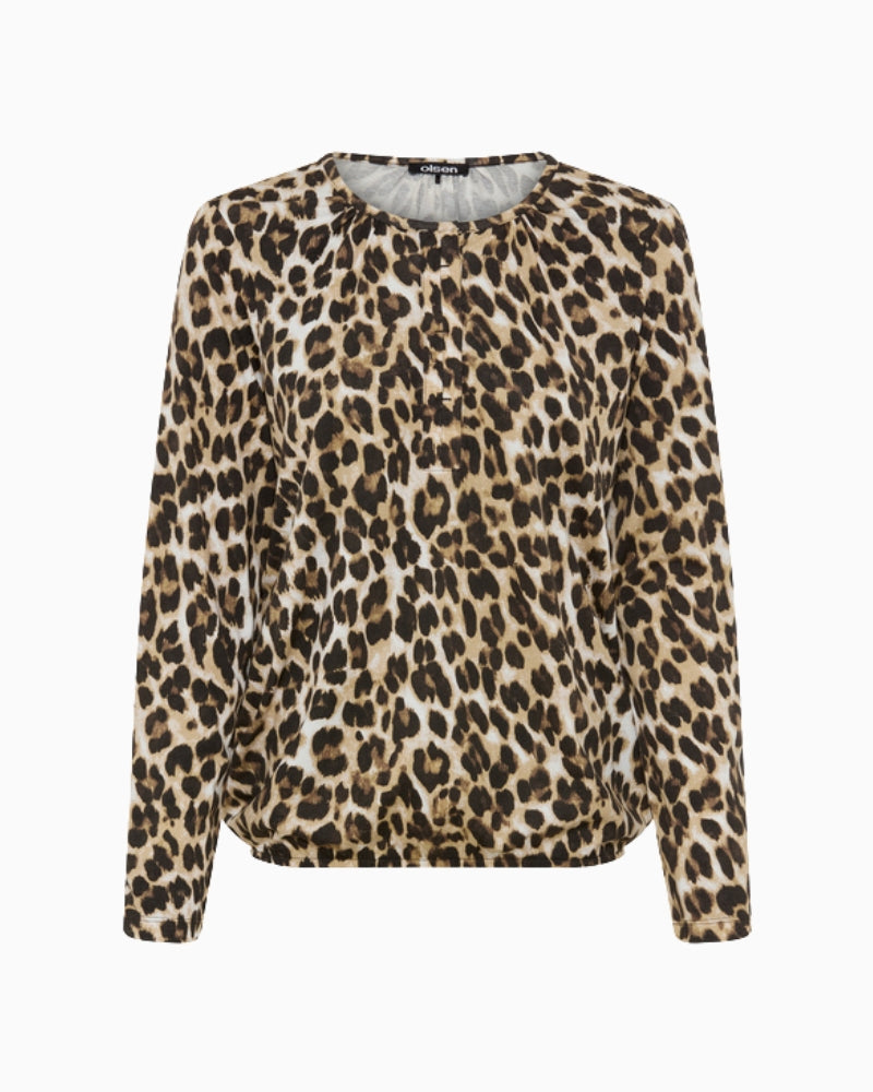 Olsen Leopard Print Long Sleeve T-Shirt in leopard front view
