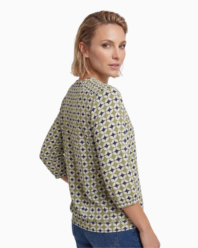 Olsen Lime Print Blouse in Khaki back view