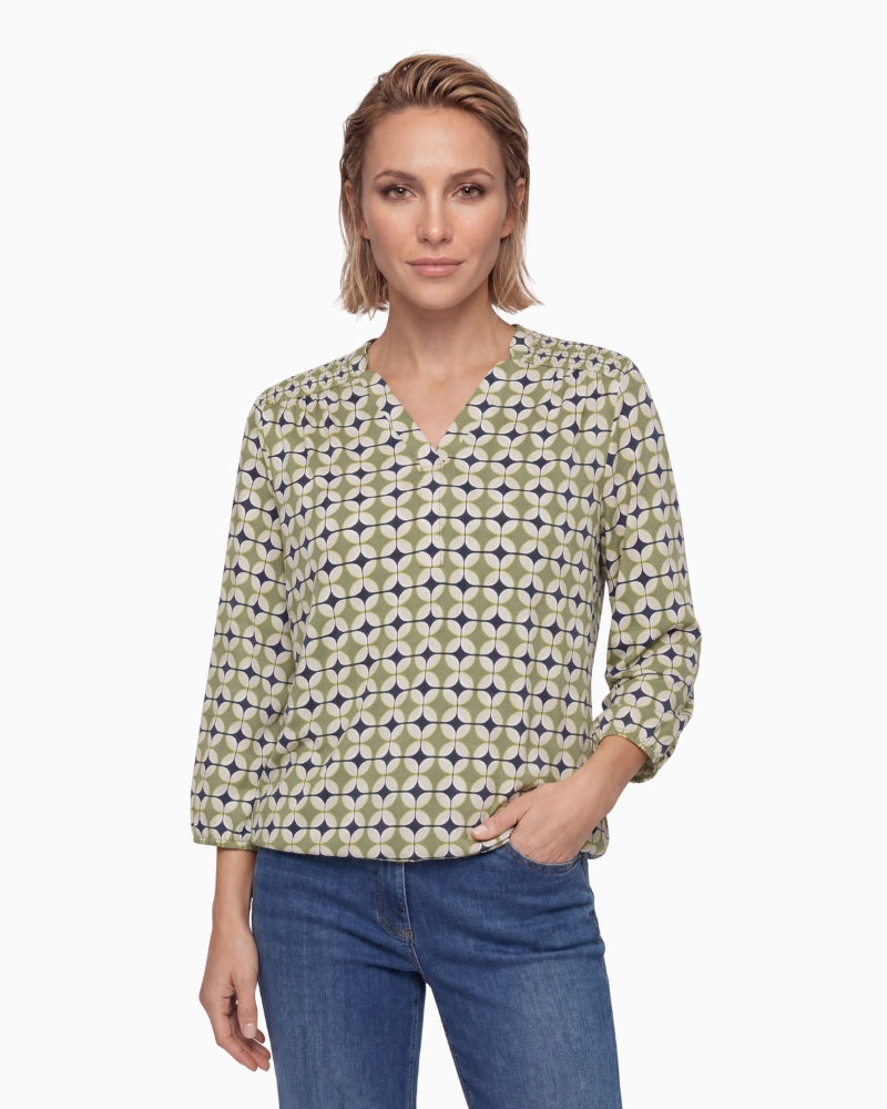 Olsen Lime Print Blouse in Khaki front view