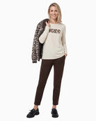 Olsen Lisa Straight Faux Suede Trousers in brown elasticated drawstring waistband detail
