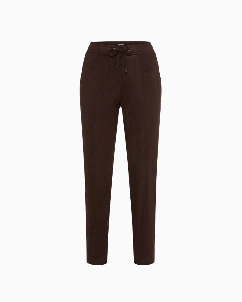 Olsen Lisa Straight Faux Suede Trousers in brown front seam detail