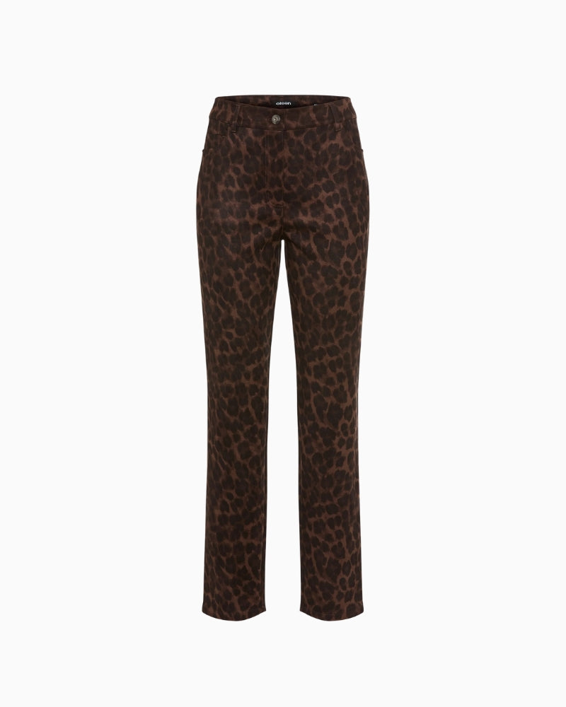 Olsen Mona Slim Animal Print Trousers in Leopard button-and-zip fastening detail