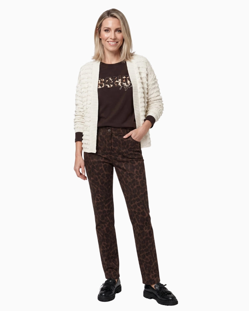 Olsen Mona Slim Animal Print Trousers in Leopard faux suede fabric detail