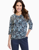 Olsen navy blouse with allover print and 3/4 sleeves
