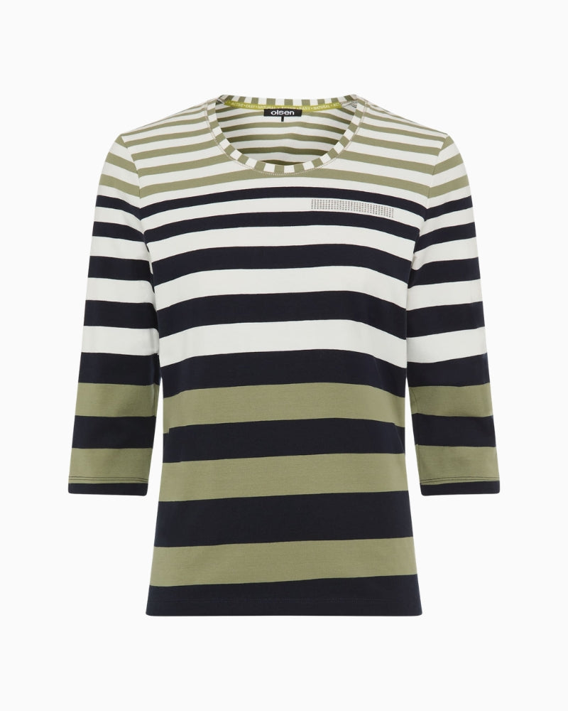 Olsen Striped Blouse in Khaki neckline detail