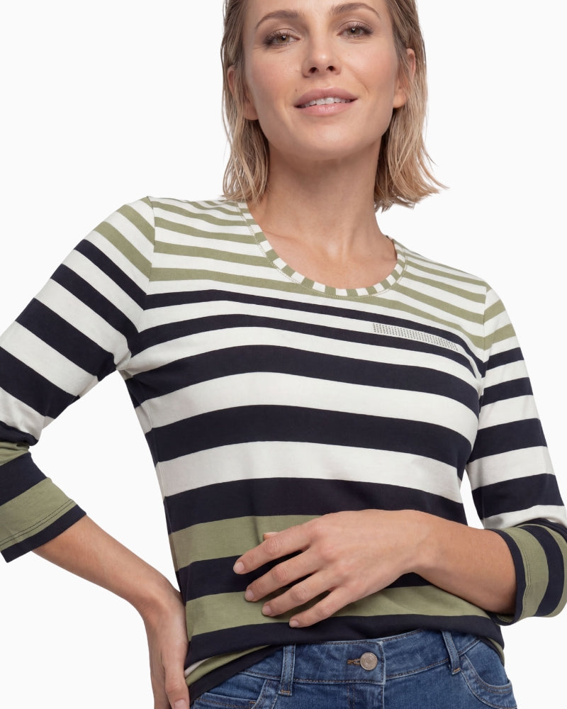 Olsen Striped Blouse in Khaki stripe detail
