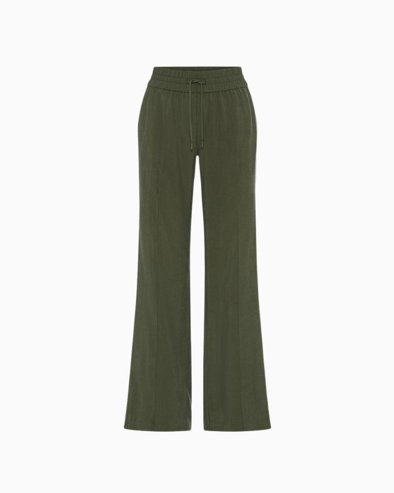 Olsen Wide Leg Trousers in Khaki elasticated waistband and drawstring detail
