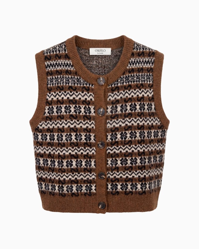 Orfeo Paris Aliena Vest in chocolate patterned knit front view