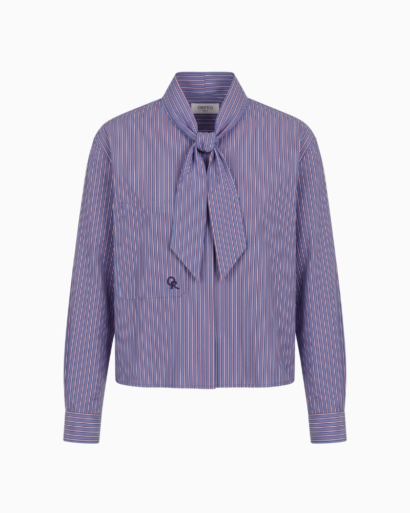 Orfeo Paris Arnold Shirt in blue stripe front view with tie neckline