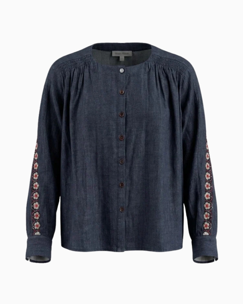 Orfeo Paris Kristin Blouse in dark denim front view with floral sleeve detailing