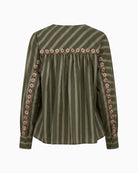 Orfeo Paris Kristin Blouse in khaki green striped cotton back view with floral embroidery
