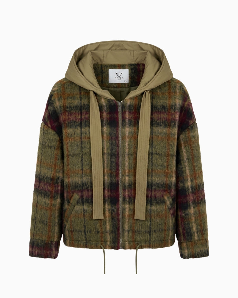 Orfeo Paris Lester Jacket in khaki front view with textured check, hood and zip fastening